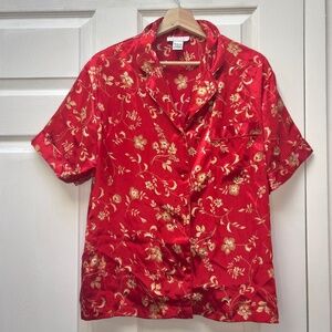 Morgan Taylor Satin Bright Red & Gold Button Down Shirt Sleeve Shirt Blouse - M